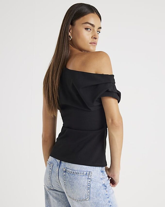 Black Short Sleeve Off Shoulder Drape Top