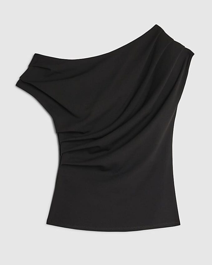 Black Short Sleeve Off Shoulder Drape Top