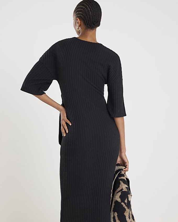 Black Short Sleeve Ribbed Cosy Midi Dress