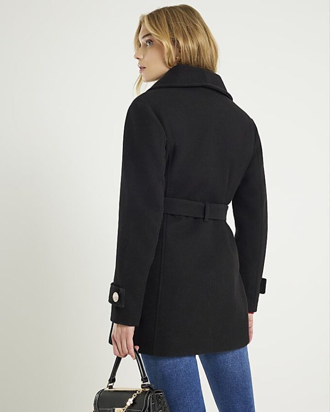 Black Short Wide Collar Wrap Coat