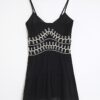 Black Sleeveless Embroidered Mini Beach Dress