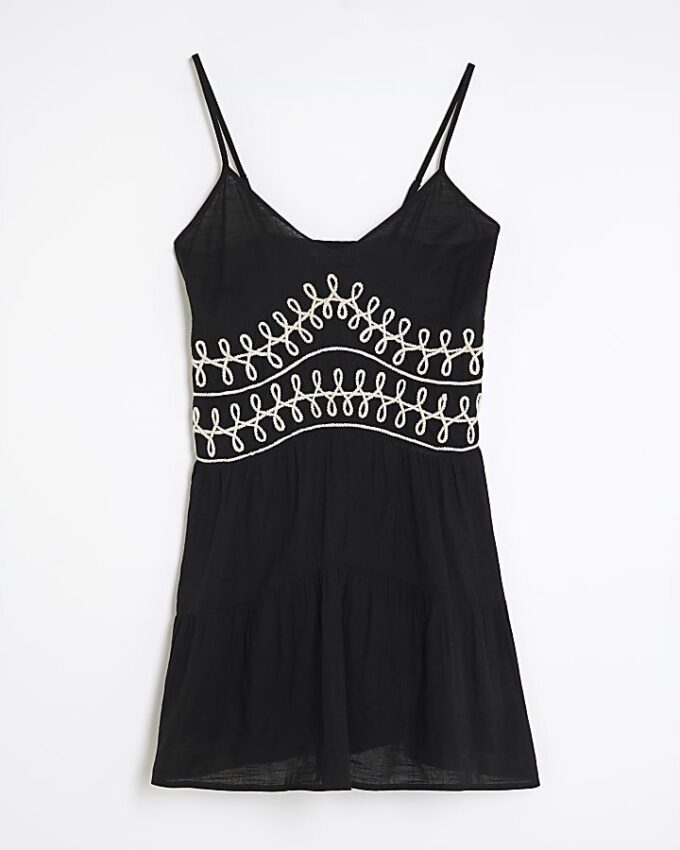 Black Sleeveless Embroidered Mini Beach Dress