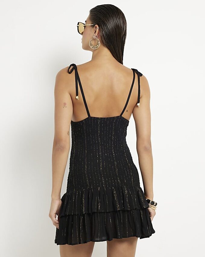 Black Sleeveless Shirred Mini Beach Dress