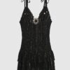 Black Sleeveless Shirred Mini Beach Dress