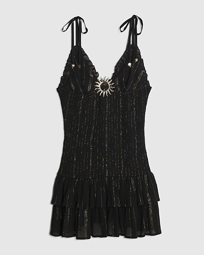 Black Sleeveless Shirred Mini Beach Dress