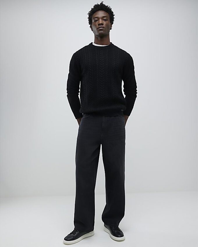Black Slim Fit Cable Knit Jumper