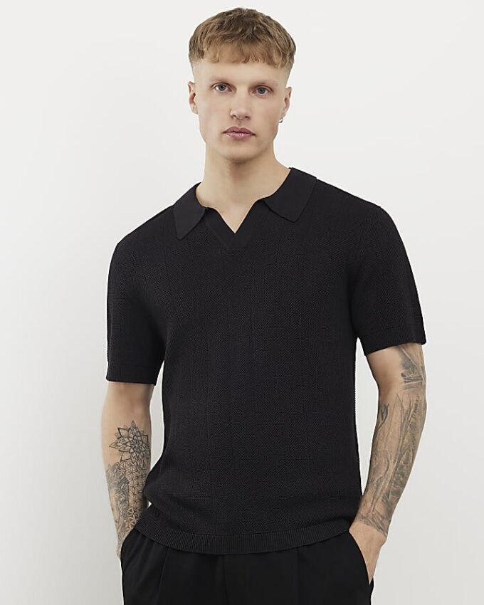 Black Slim Fit Open Collar Shirt