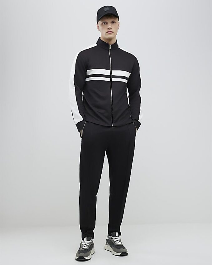 Black Slim Fit Stripe Funnel Neck Jacket