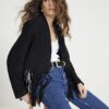 Black Suede Collarless Tassel Blazer