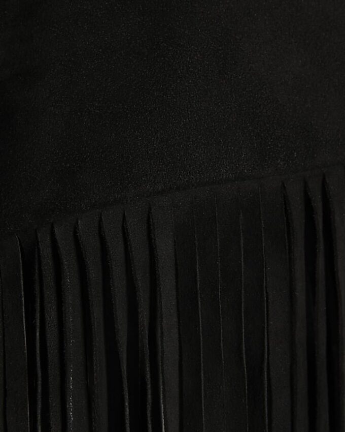 Black Suede Collarless Tassel Blazer