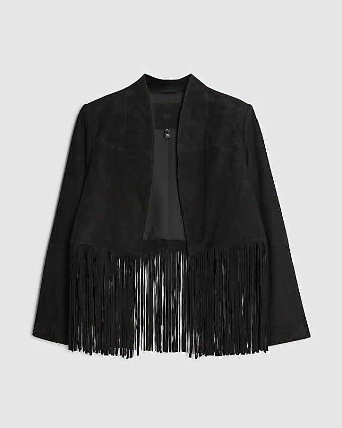 Black Suede Collarless Tassel Blazer