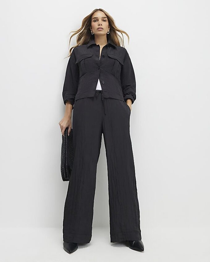 Black Textured Straight Leg Trousers