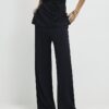 Black Textured Wide Leg Trousers