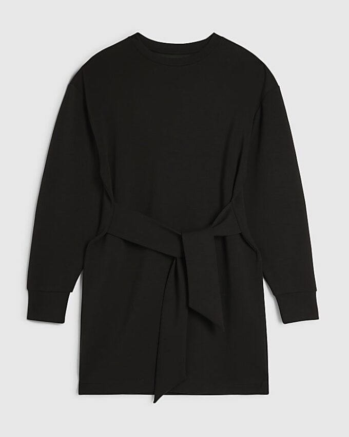 Black Tie Front Mini Sweatshirt Dress