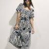 Black Tropical Leaf Shirred Midi Dress