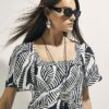 Black Tropical Leaf Shirred Midi Dress