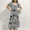 Black Tropical Leaf Shirred Midi Dress