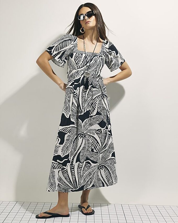 Black Tropical Leaf Shirred Midi Dress