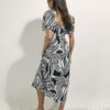 Black Tropical Leaf Shirred Midi Dress