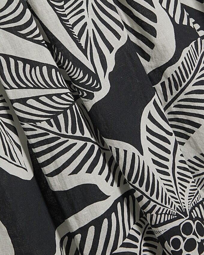 Black Tropical Leaf Shirred Midi Dress