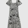 Black Tropical Leaf Shirred Midi Dress