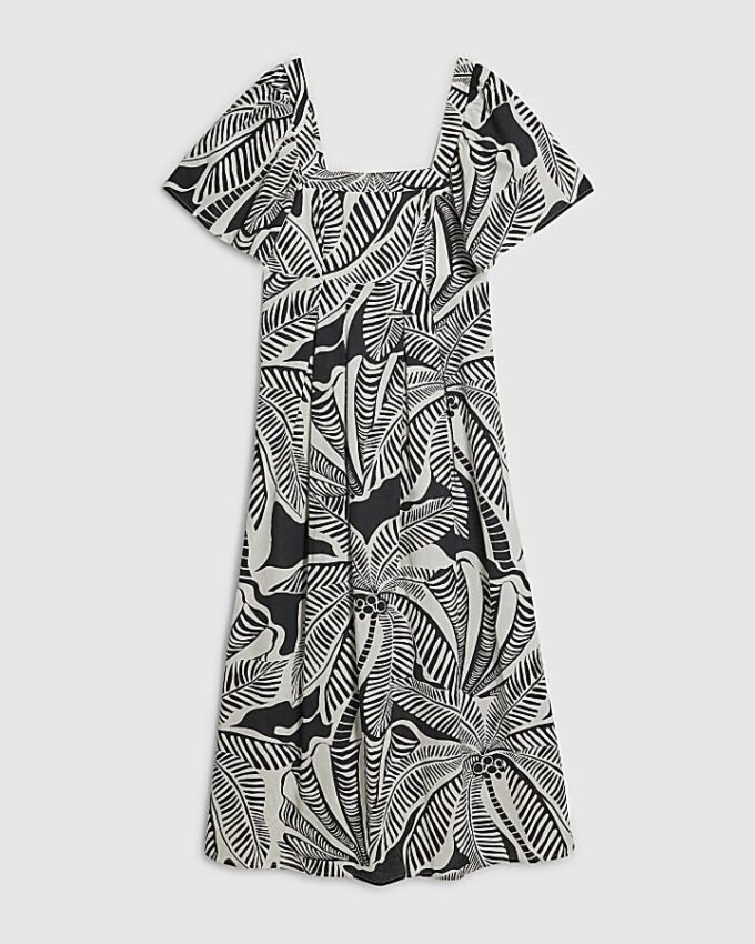 Black Tropical Leaf Shirred Midi Dress