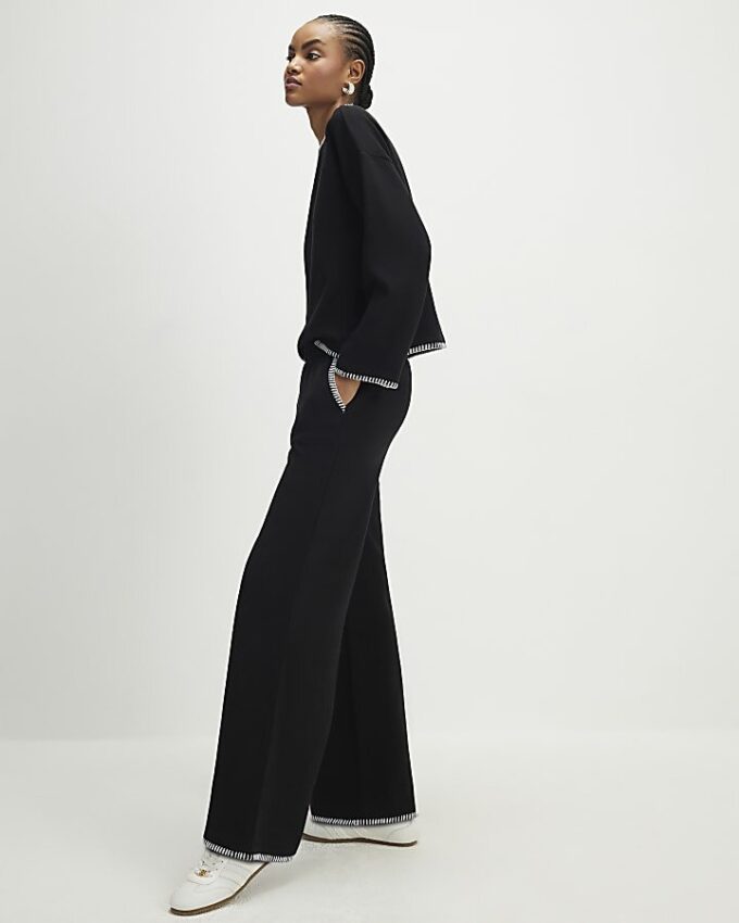 Black Whipstitch Cosy Wide Leg Joggers
