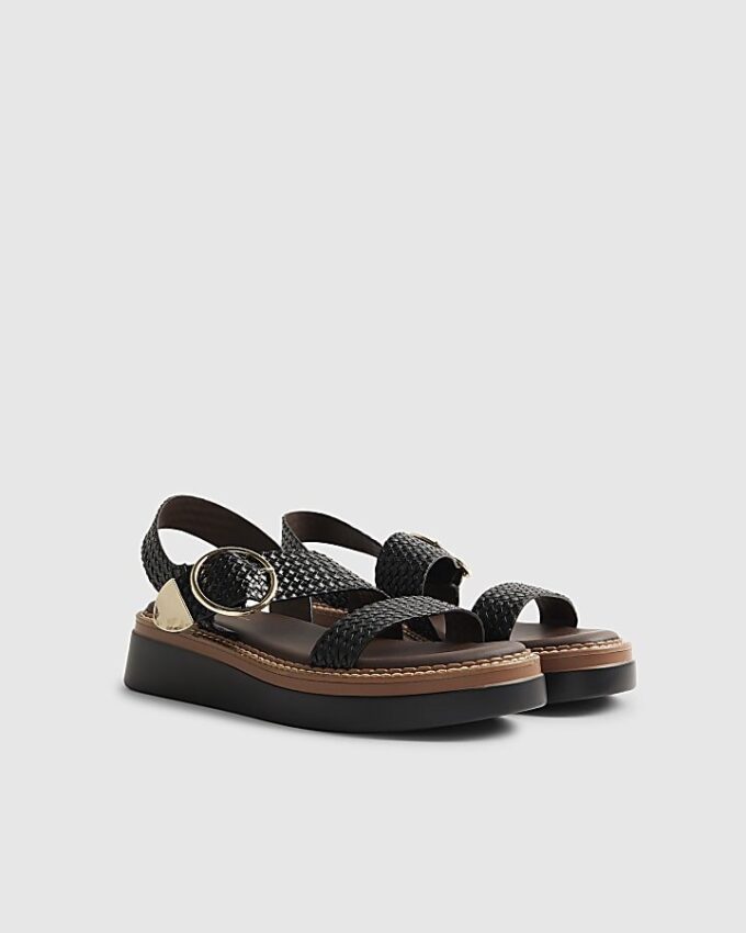 Black Woven Buckle Flatform Sandals