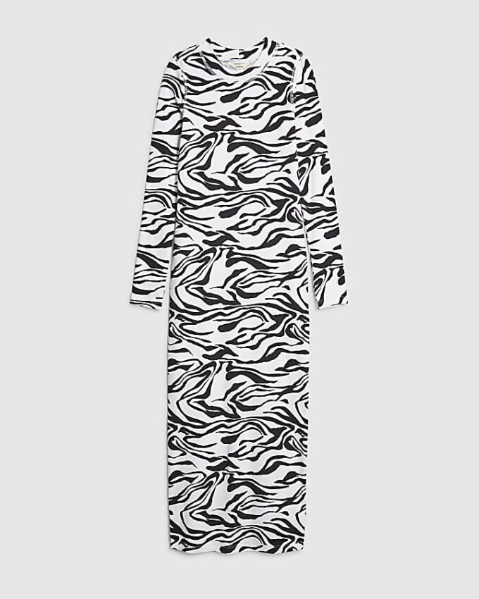 Black Zebra Print Ribbed Midi Dress