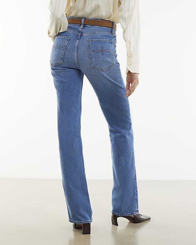 Blue Belted Stretch Straight Leg Jeans