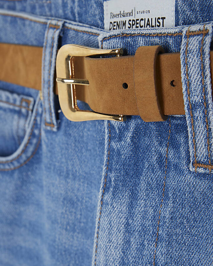 Blue Belted Stretch Straight Leg Jeans