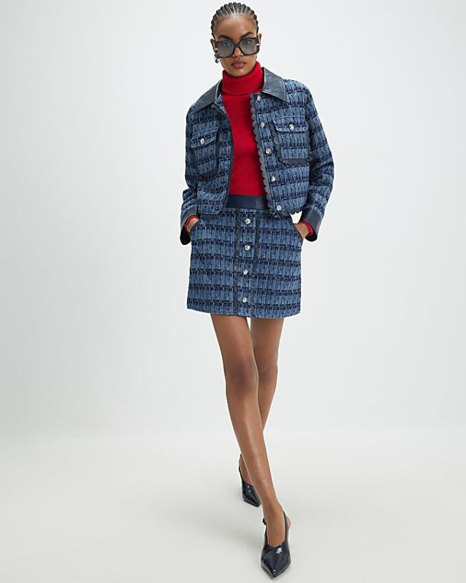 Blue Boucle Scallop Mini Skirt