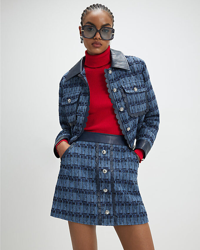 Blue Boucle Scallop Mini Skirt