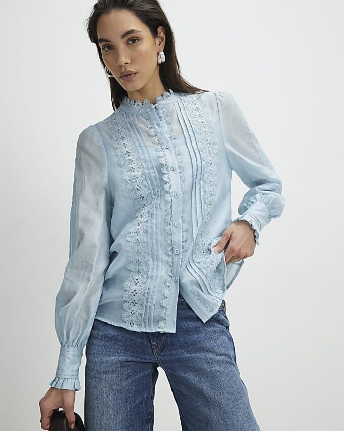 Blue Broderie Long Sleeve Shirt