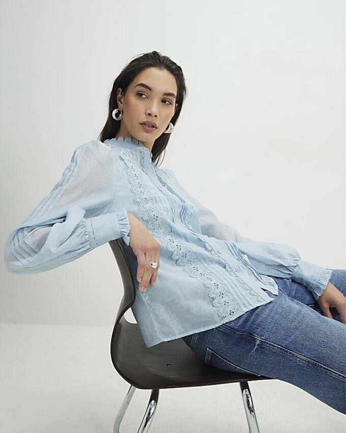 Blue Broderie Long Sleeve Shirt