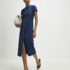Blue Denim Button Cap Sleeve Midi Dress