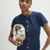 Blue Denim Button Cap Sleeve Midi Dress