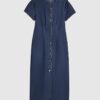 Blue Denim Button Cap Sleeve Midi Dress