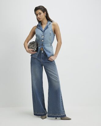Blue Denim Elasticated Sleeveless Waistcoat