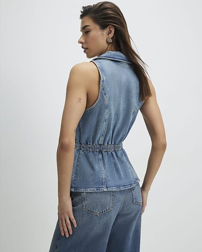 Blue Denim Elasticated Sleeveless Waistcoat