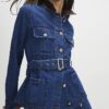 Blue Denim Faux Leather Collar Belted Jacket