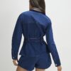 Blue Denim Faux Leather Collar Belted Jacket