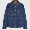 Blue Denim Faux Leather Collar Belted Jacket