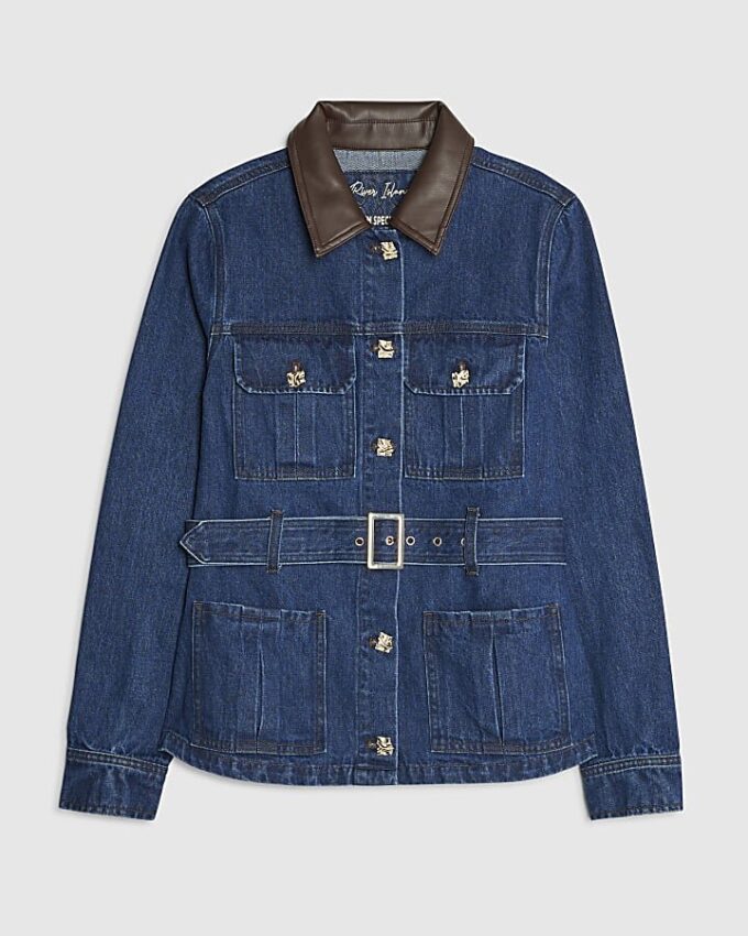 Blue Denim Faux Leather Collar Belted Jacket