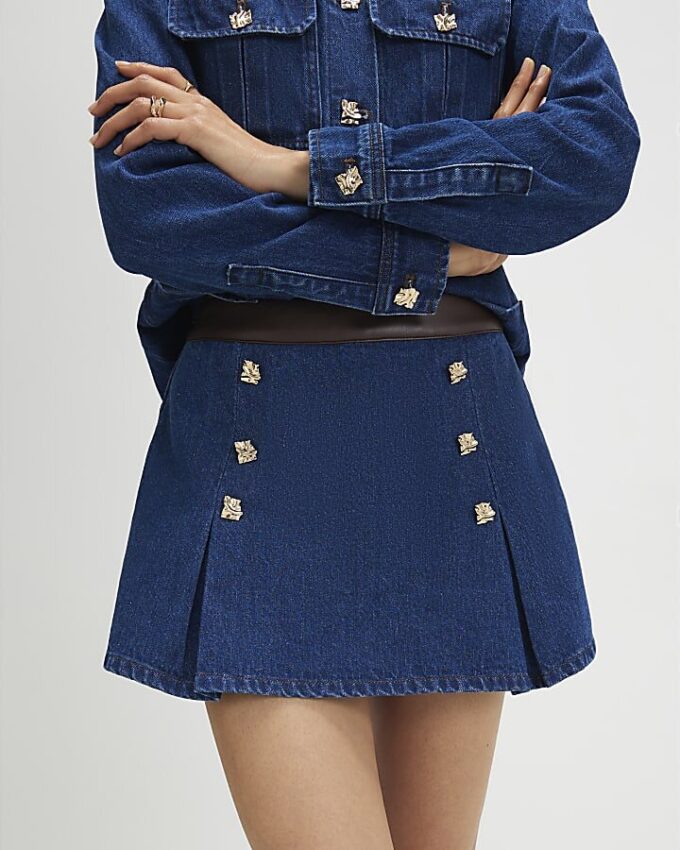 Blue Denim Faux Leather Pleated Mini Skort