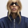 Blue Denim Gathered Hem Bomber Jacket