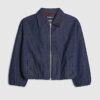 Blue Denim Gathered Hem Bomber Jacket