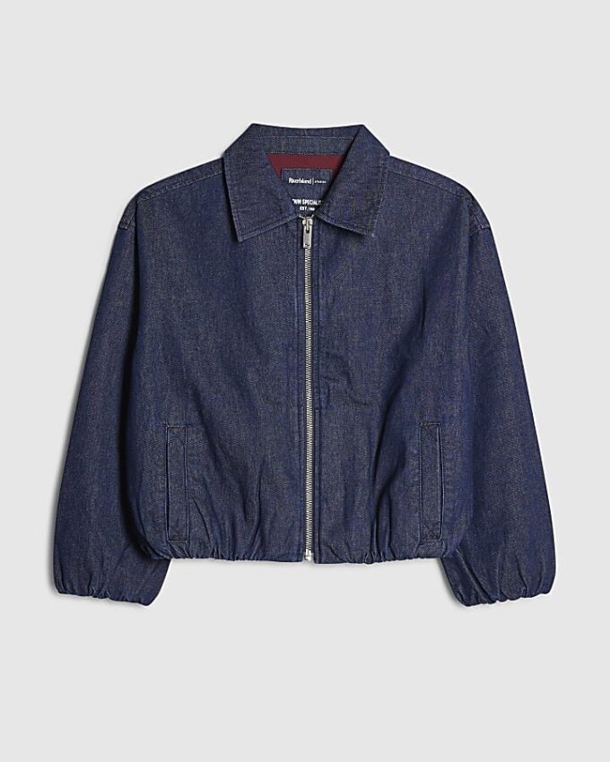 Blue Denim Gathered Hem Bomber Jacket