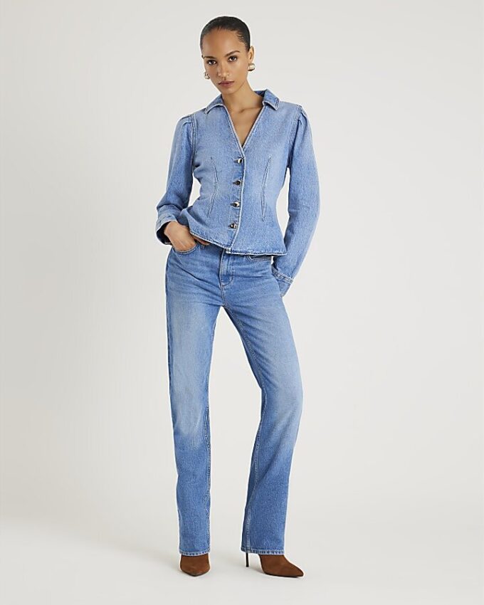 Blue Denim Long Puff Sleeve Jacket
