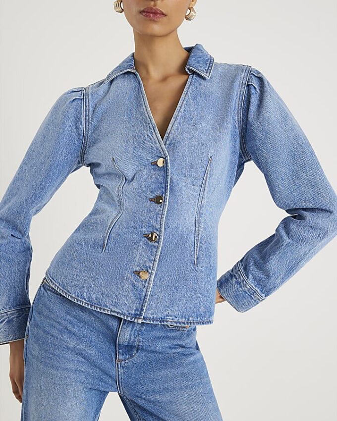 Blue Denim Long Puff Sleeve Jacket